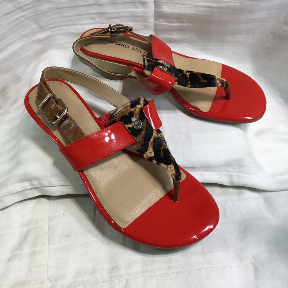 Antonio Melani narrow wedges, size 6M, leopard look toe strap, 1.5” heel